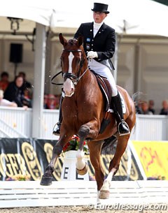 Minna Telde on her own Swedish warmblood Isac (by Hip Hop x Master). Brilliant half passes and big flying changes were the highlight of their test