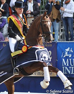 Helen Langehanenberg and Damon's Delorange win the 5-year old division at the 2012 Bundeschampionate :: Photo © Selene Scarsi
