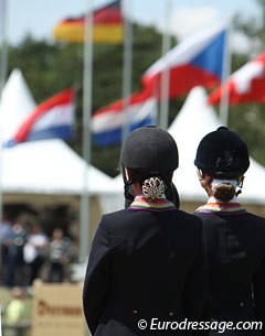 The medal podium at the 2012 European Pony Championships: Gold for Semmieke Rothenberger (GER), silver Sanne Vos (NED), bronze Rosalie Bos (NED) :: Photo © Astrid Appels