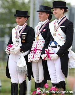 The Young Riders Kur podium at the 2012 European Young Riders Championships: Charlott Maria Schurmann, Cathrine Dufour, Florine Kienbaum :: Photo © Astrid Appels