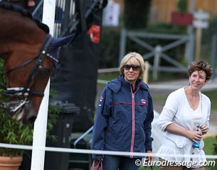 British trainer Judy Harvey and Abigail Slater's mom watch Abigail on Lou Wega finish her test