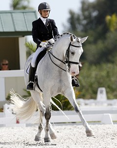 Danish born American Janne Rumbough on her home bred PRE Junior (by Gaucho III)