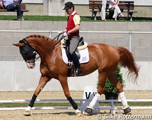 Japanese Hiroshi Hoketsu riding Whisper who wears a fly mask for protection from the bugs