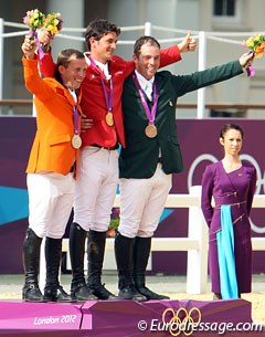 The individual show jumping podium at the 2012 Olympic Games: Gerco Schroder, Steve Guerdat, Cian O' Connor :: Photo © Astrid Appels