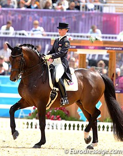 Austrian Victoria Max-Theurer on Augustin. They started with energetic trot work but dropped in points after making mistakes in the one tempi.