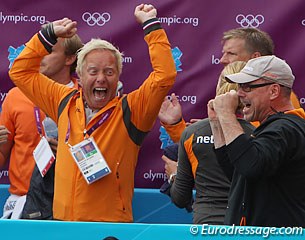 Maarten van der Heijden jumps for joy when Gerco cleared the course (and won silver later on)