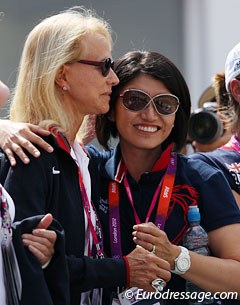 Ravel's owner Akiko Yamazaki hugs Anne Gribbons after Steffen Peters finishes his last competition ride on Ravel at the 2012 Olympic Games :: Photo © Astrid Appels