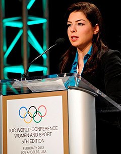 Dalma Rushdi Malhas, Saudi Arabia’s first female Olympian, addressing the fifth IOC Women and Sport conference in Los Angeles