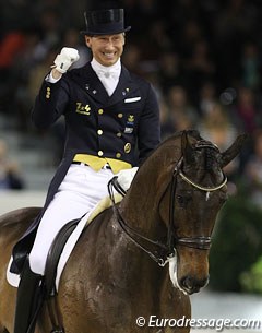 Patrik Kittel raises his fist after completing his kur on Toy Story. They rode to a new “Romeo and Juliet” themed musical score and excelled in the passage and trot extensions. The piaffe needed more sit and the two tempi's were croup high.