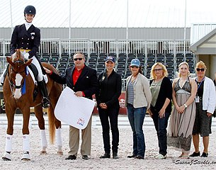 Caroline Roffman and Pie, winners of the Prix St. Georges at the $50,000 Florida Dressage Classic CDI-W, presented by the USPRE.  Roffmann, Alexander Zilo, Kim Boyer, Mary Magee, Joan Mack, Aliza Korash & Hilda Gurney