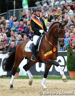 Hermann Burger and Escolar win the 4-year old riding horse stallion class at the 2013 Bundeschampionate :: Photo © Barbara Schnell