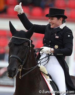 Andrea John gives a thumb's up to the crowds after her ride on Esperanto