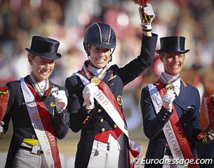 The 2013 European Championship kur podium: Helen Langehanenberg, Charlotte Dujardin and Adelinde Cornelissen :: Photo © Astrid Appels