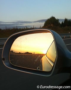 Sunrise in my side view mirror on the way from Silkeborg to Herning :: Photo © Astrid Appels