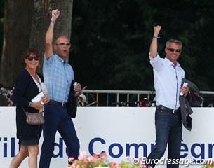 Danish chef d'equipe Kimi Nielsen, Dufour's trainer Rune Willum and Danish team trainer Ulrik Sorensen rejoiced when Cathrine finished her test