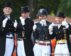 The silver medal winning German Young Riders team: Florine Kienbaum, Juliette Piotrowski, Vivien Niemann, Charlott-Maria Schurmann