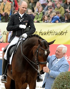 Steffen Peters and Legolas, here joined by Legolas' discoverer and German show host Ullrich Kasselmann, will be competing at the U.S. WEG Selection trial in Fritzens, Austria :: Photo © Csilla Pal