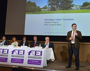 Maury Peiperl (USA), Professor of Leadership and Strategic Change at IMD business school, makes a presentation to the FEI Sports Forum. The panellists are Sergei Aschwanden (SUI), HRH Princess Haya, Claudia Bokel, Harald Müller, and Richard Nicoll