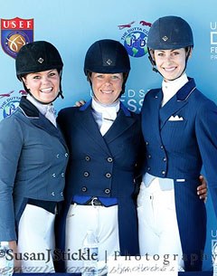The top three of the Intermediaire I at the 2013 U.S. Dressage Championships: Sarah Lockman, Kim Herslow, Caroline Roffman :: Photo © Sue Stickle