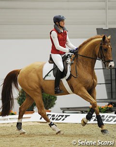 Ingrid Klimke schooling Liostro in a snaffle and riding without stirrups