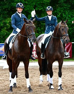 Hof Kasselmann's assistant trainers Borja Carrascosa on High Lane and Eva Möller on Double D top the 6-year old division at the 2013 Steinhagen Bundeschampionate qualifier :: Photo © Alexander Br.