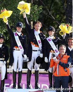 The Netherlands emerged victorious at the opening leg of the FEI Nations Cup Dressage pilot season at Vidauban, France. On the podium are Katja Gevers, Laurens van Lieren and Stephanie Peters with team coach Wim Ernes :: Photo © Astrid Appels