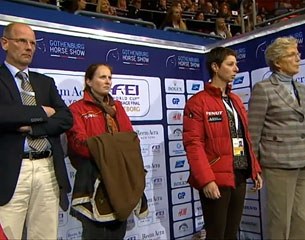 The German camp: Chef d'Equipe Klaus Roeser, Werth's groom, team trainer Monica Theodorescu, and sponsor Madeleine Winter-Schulze