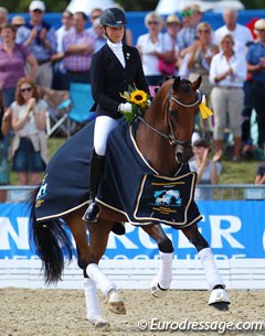 Laura Stigler and Doubleyou W won the 6-year old preliminary test at the 2013 World Young Horse Championships in Verden :: Photo © Astrid Appels