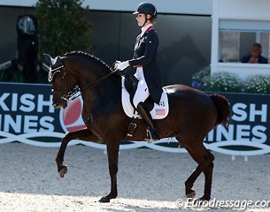 Caroline Roffman on Her Highness. The mare is still developing much. While she has become more relaxed, she still does not achieve overtrack in the trot extensions and is not yet self-assured in the piaffe. Mistakes in the ones tampered with the score.