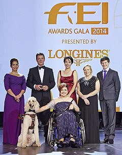 The 2014 FEI Award recipients: HRH Princess Haya, Jeroen Dubbeldam (NED), Melissa Tan (SIN) chairman of equine therapy centre Equal Ark, Jackie Potts (GBR), Lambert Leclezio (MRI) with Sydney Collier (USA) and her service dog Journey