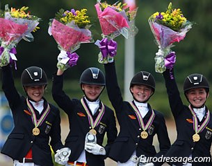 The gold medal winning German team (Lea Luise Nehls, Maike Mende, Semmieke Rothenberger, Nadine Krause) at the 2014 European Pony Championships in Millstreet :: Photo © Astrid Appels