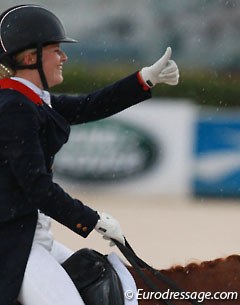 Olivia Oakeley gives a thumb's up to her British supporters