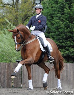 Michael Eilberg and Woodlander Farouche in the warm-up before their Prix St Georges test on 4 May 2014 :: Photo © Selene Scarsi