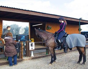 Russell Guire working with Visualise. The lines on the jacket work to help riders and trainers evaluate their own position as a way of improving their riding and horses way of going.