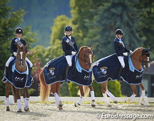The winning German pony team at the 2014 CDIO-P Hagen: Paulina Holzknecht on Carlos, Celine König on Daddy's Daydream and Semmieke Rothenberger on Paso Double :: Photo © Astrid Appels