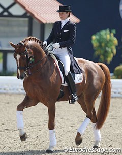 Susan Pape-Draper on Fiorano. This chestnut gelding has much talent for piaffe and passage but needed to find a steadier rhythm. The canter was ridden too safely, with little ground cover and expression.