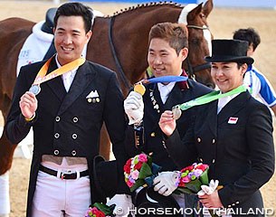 The individual podium at the 2014 Asian Games in Incheon, Korea: Dong Seon Kim, Young Shik Hwang, Larasati Gading :: Photo © Horse Move Thailand
