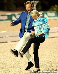 Palm Beach Derby organizer Walter McPhail and Janne Rumbough leaving the arena in Spanish walk