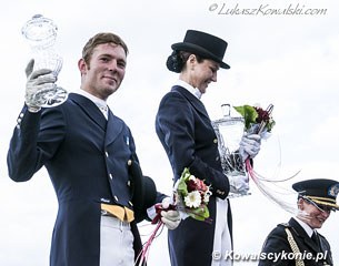 The Grand Prix kur podium at the 2014 CDI Radzionkow: Maksim Kovshov, Svetlana Kiseliova, Zaneta Skowronska :: Photo © Lukasz Kowalski