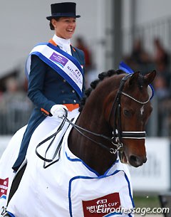 Adelinde Cornelissen, here on small tour horse Zephyr for the prize giving, leads the Dutch team to victory in the Nations' Cup at the 2014 CDIO Rotterdam :: Photo © Astrid Appels