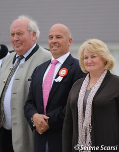 Three-star judge Peter Storr flanked by Manfred Schäfer, president of the Hanoverian society and  Olga Soboleva, Russian junior/young riders team trainer, at the 2014 CDI-JYR Ryazan :: Photo © Selene Scarsi