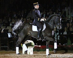 Jean-Paul Largy and his international GP dressage horse Welfenkönig ENE during their solo display showing the movements of high school