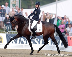 Ingrid Klimke on the gorgeous Franziskus (by Fidertanz x Alabaster). The horse is very powerful with a lot of potential, but he was wide behind in the trot extensions and got tense as he neighed in the walk (not the biggest walk).