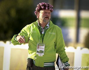 Master of ceremony Pedro Cebulka is the equestrian world's court jester. In Caen he's wearing a hat with rollers