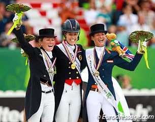 Joy on the kur podium: big smiles from Helen Langehanenberg, Charlotte Dujardin and Adelinde Cornelissen