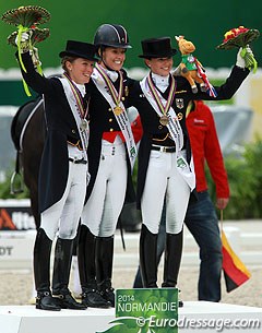 The Grand Prix Special podium at the 2014 World Equestrian Games: Helen Langehanenberg, Charlotte Dujardin, Kristina Sprehe :: Photo © Astrid Appels