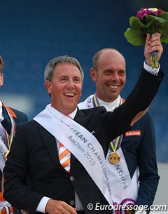 Dutch team trainer Wim Ernes on the podium with the gold medal winning Dutch team at the 2015 European Dressage Championships in Aachen :: Photo © Astrid Appels