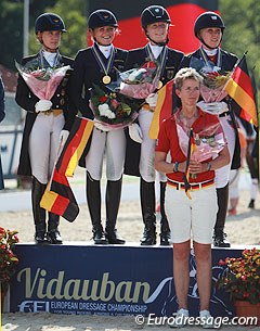 The gold medal winning German team at the 2015 European Young Riders Championships: Claire Averkorn, Anna Christina Abbelen, Bianca Nowag, Vivien Niemann with chef d'equipe Maria Schierhölter-Otto :: Photo © A. Appels