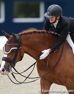 Swiss Ramona Schmid pats her Holsteiner bred Honeur (by Harley N x Linaro)