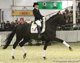 Kristina Sprehe on Gestut Sprehe's Trakehner breeding sensation of 2014, Millennium. He sired the Oldenburg and Trakehner Licensing Champion as well as several premium stallions all around Germany :: Photo © Stephan Bischoff